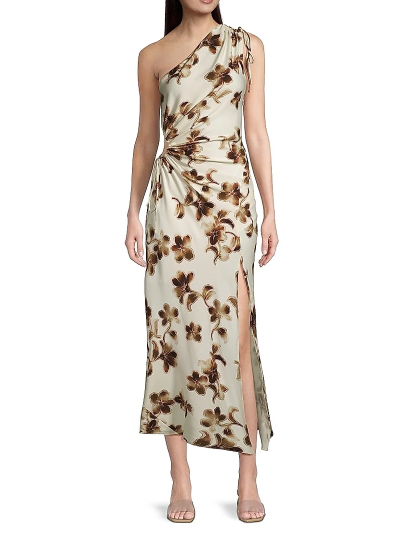 Pauline Blurred Floral One-Shoulder Midi-Dress
