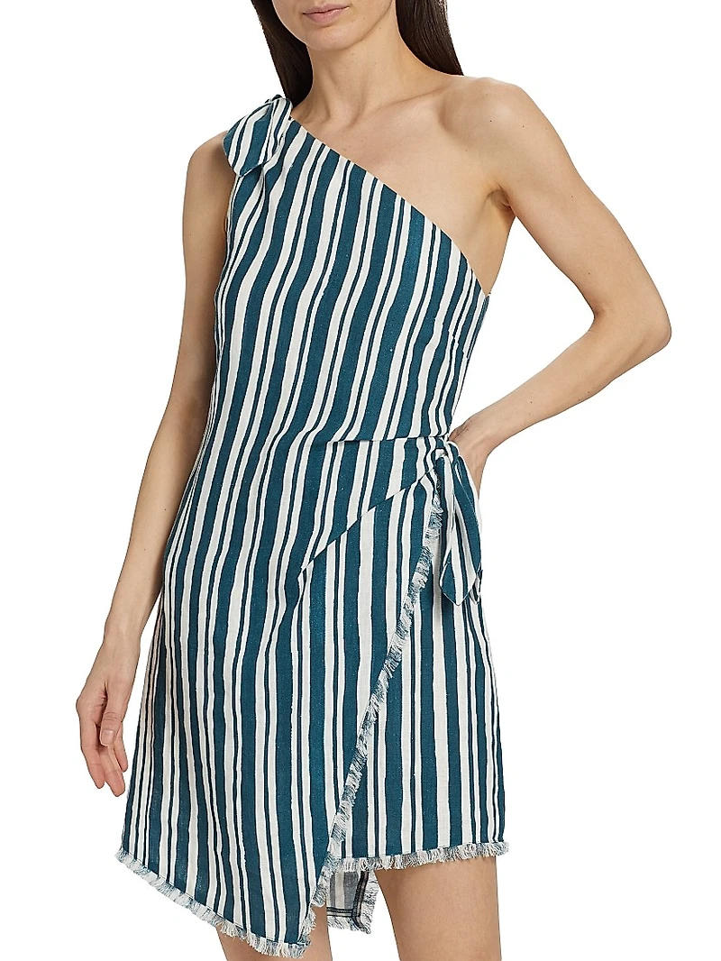 Striped Linen-Cotton One-Shoulder Minidress