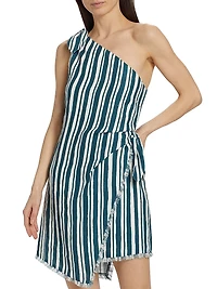 Striped Linen-Cotton One-Shoulder Minidress
