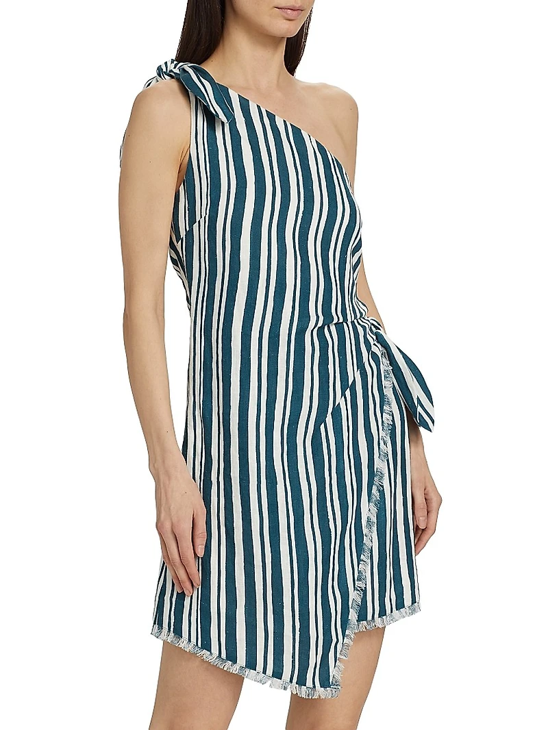 Striped Linen-Cotton One-Shoulder Minidress