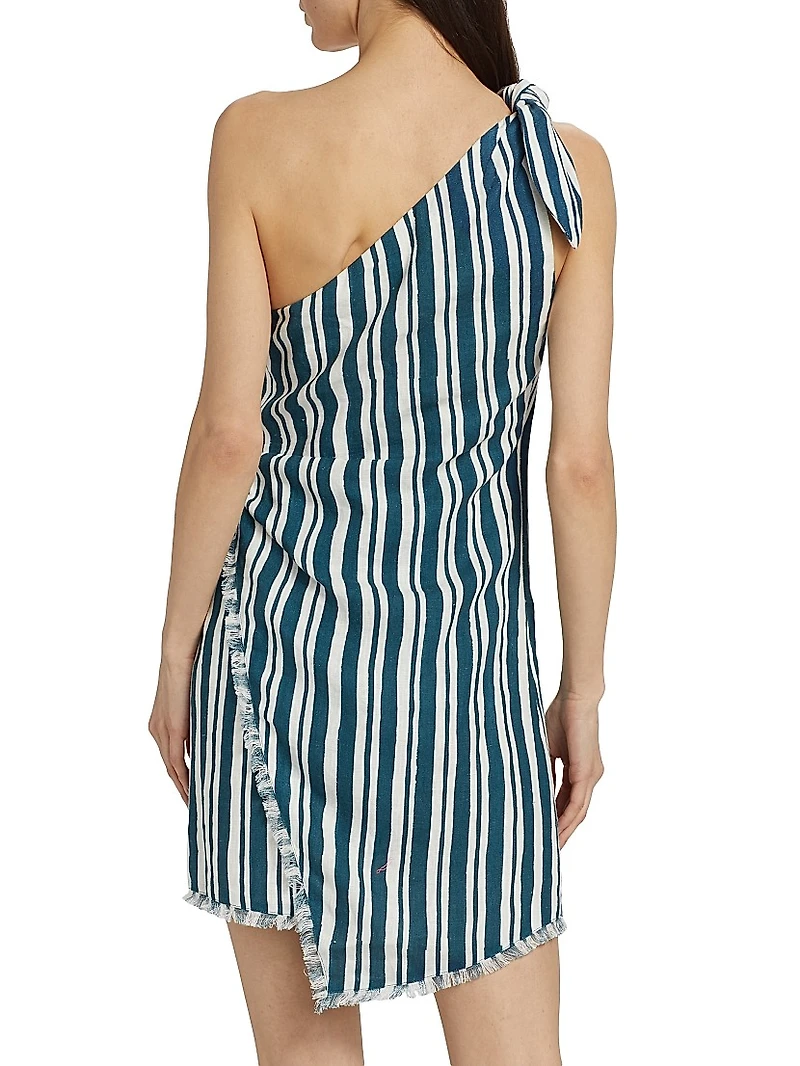 Striped Linen-Cotton One-Shoulder Minidress