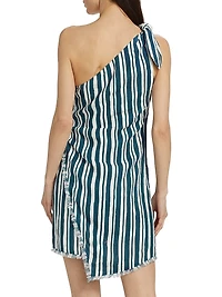 Striped Linen-Cotton One-Shoulder Minidress