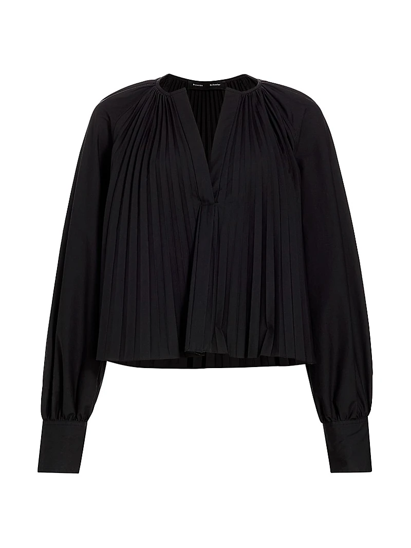 Monica Cotton-Blend Poplin Pleated Trapeze Top