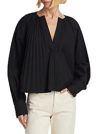 Monica Cotton-Blend Poplin Pleated Trapeze Top
