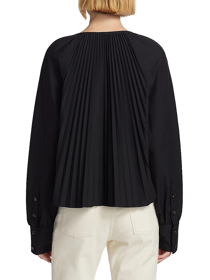 Monica Cotton-Blend Poplin Pleated Trapeze Top