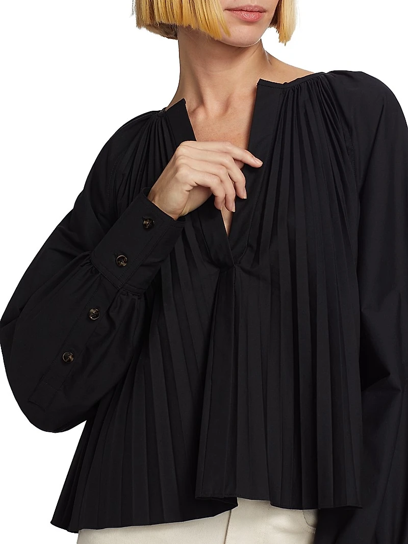 Monica Cotton-Blend Poplin Pleated Trapeze Top