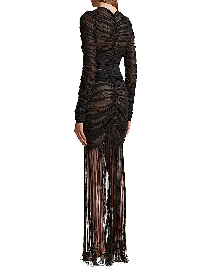 Guisa Ruched Silk Fringe Dress