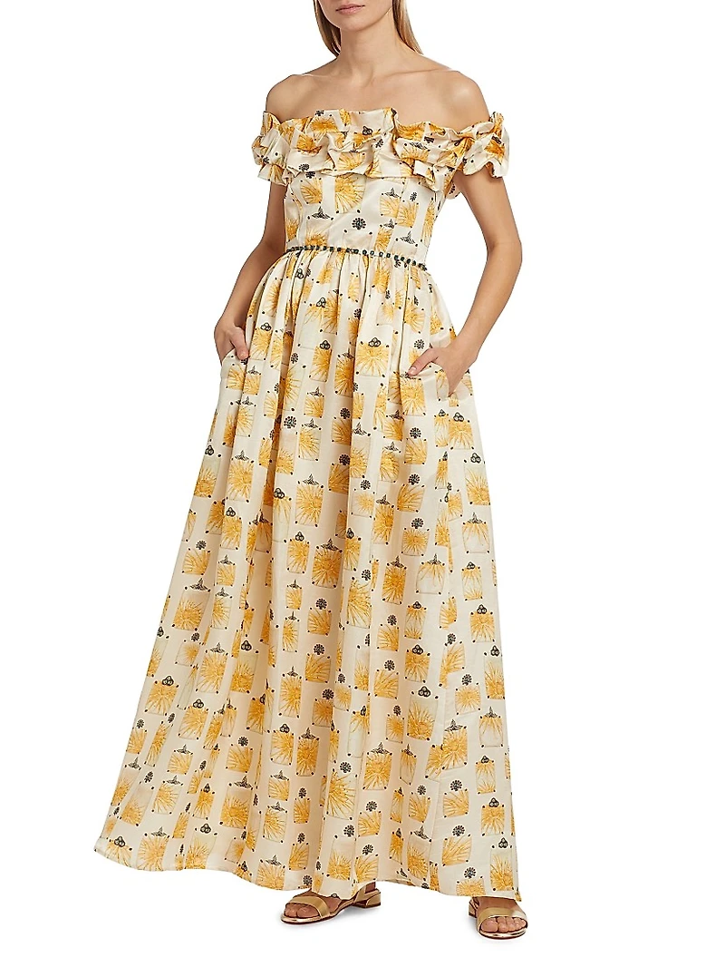 Espliego Bisuteria Floral Frill Off-the-Shoulder Maxi Dress
