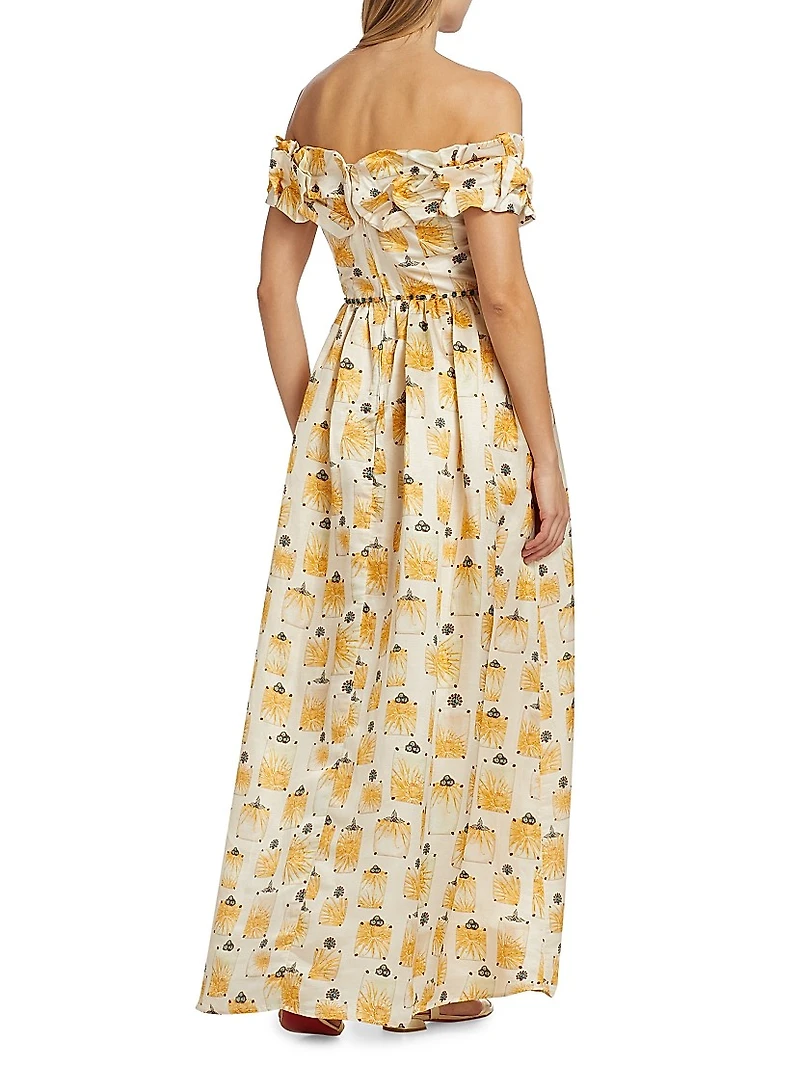 Espliego Bisuteria Floral Frill Off-the-Shoulder Maxi Dress