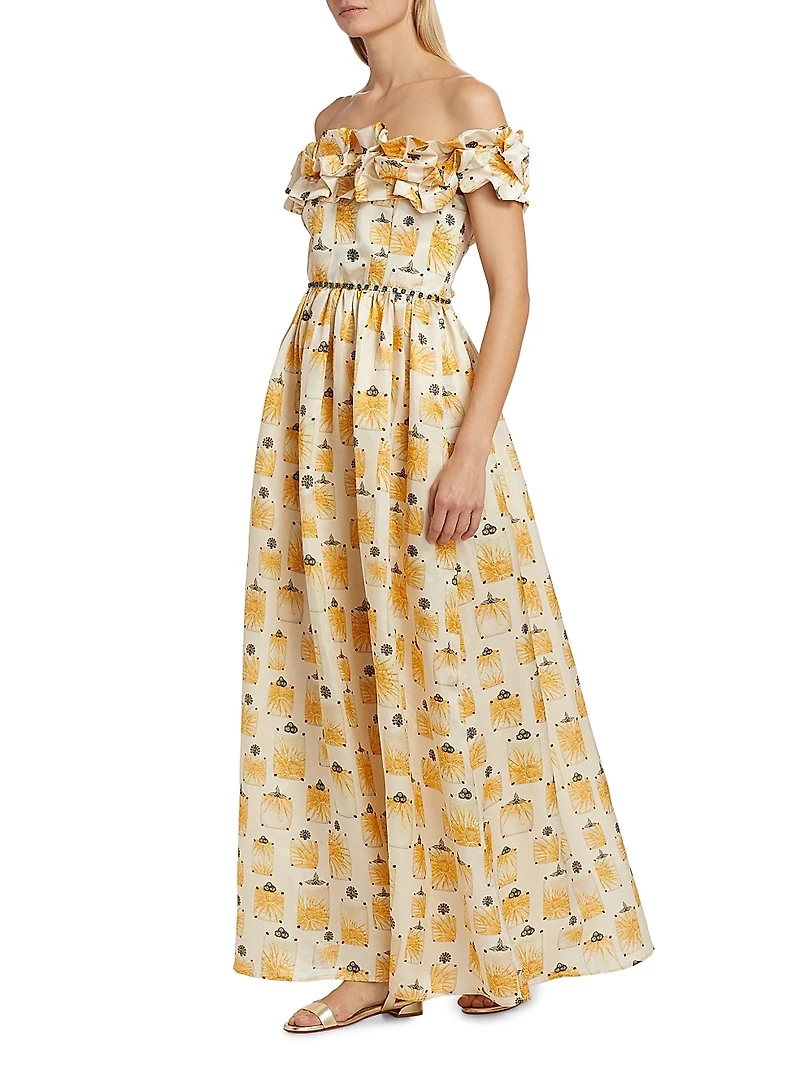 Espliego Bisuteria Floral Frill Off-the-Shoulder Maxi Dress