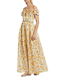 Espliego Bisuteria Floral Frill Off-the-Shoulder Maxi Dress