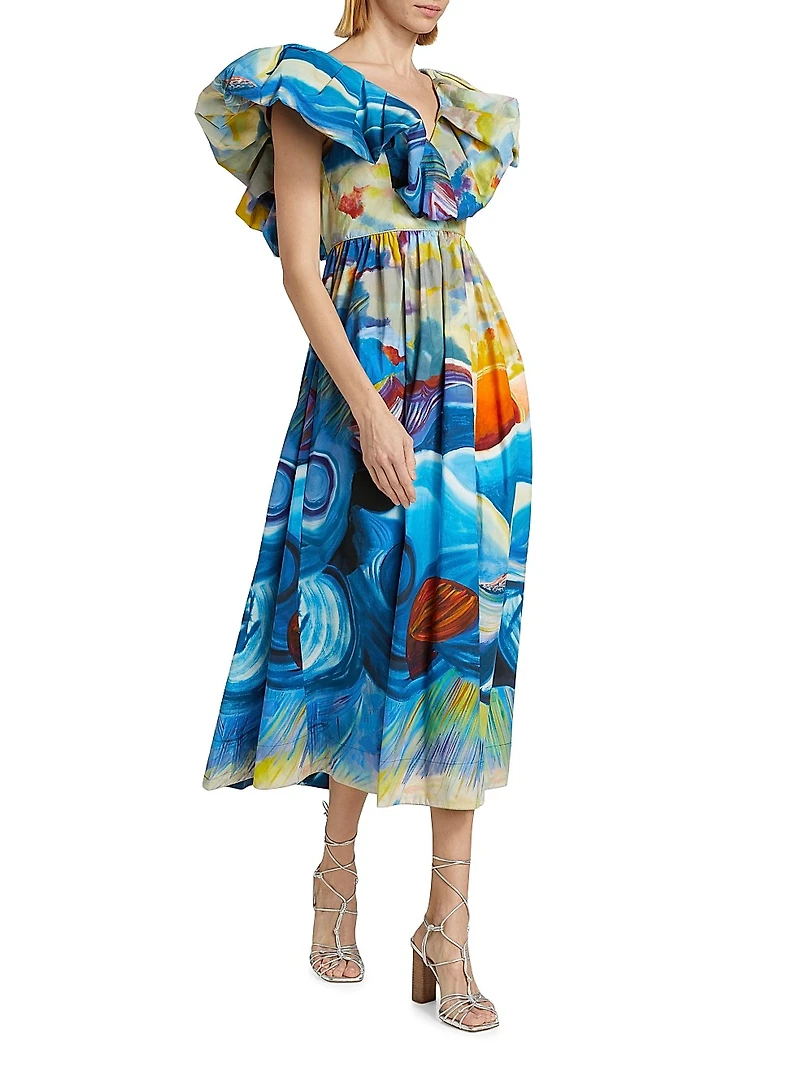 Francesca Printed Ruffle A-Line Midi-Dress