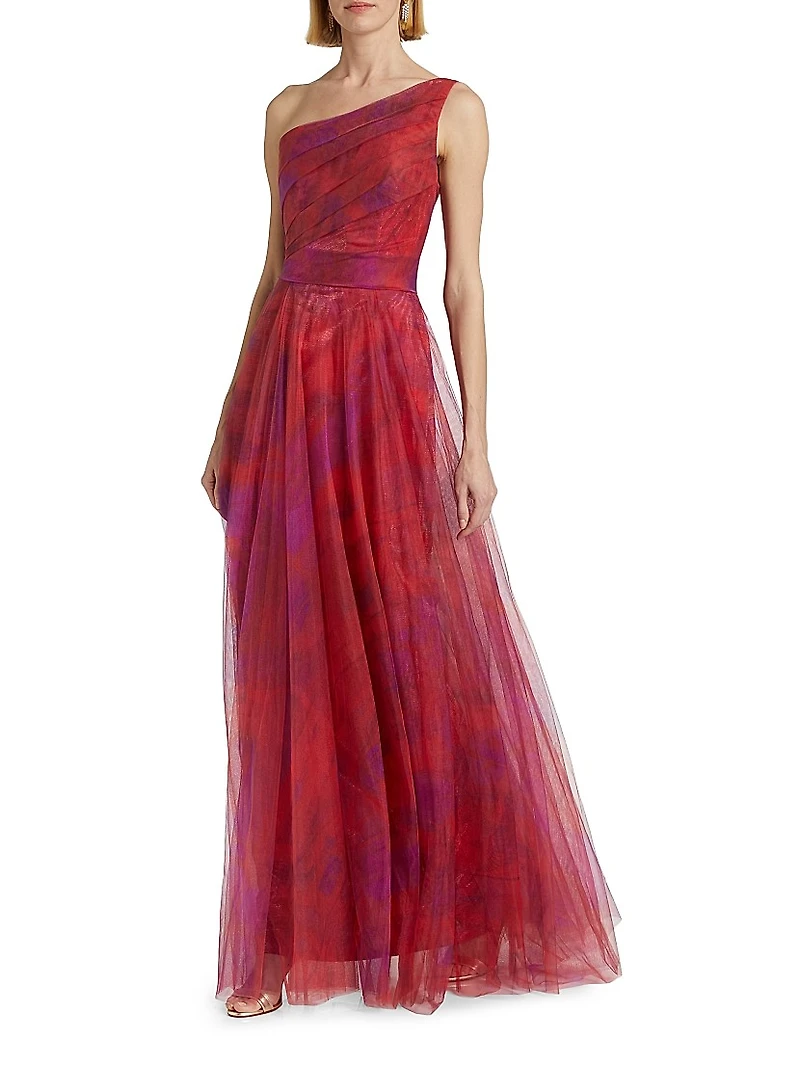 Draped Printed One-Shoulder Gown