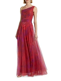 Draped Printed One-Shoulder Gown