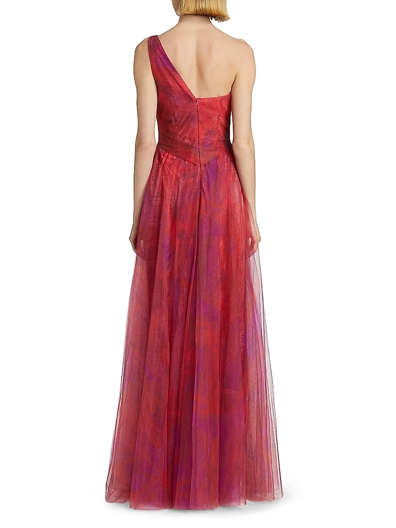 Draped Printed One-Shoulder Gown