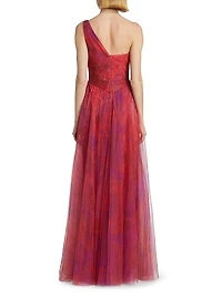 Draped Printed One-Shoulder Gown