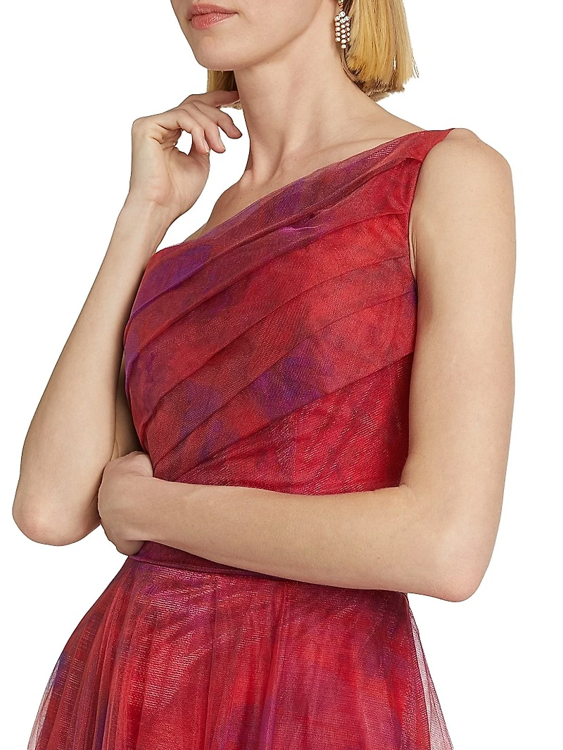 Draped Printed One-Shoulder Gown