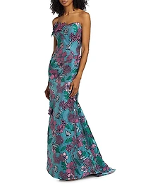 Appliquéd Floral Brocade A-Line Gown