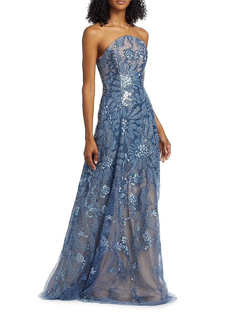 Floral Beaded Strapless A-Line Gown