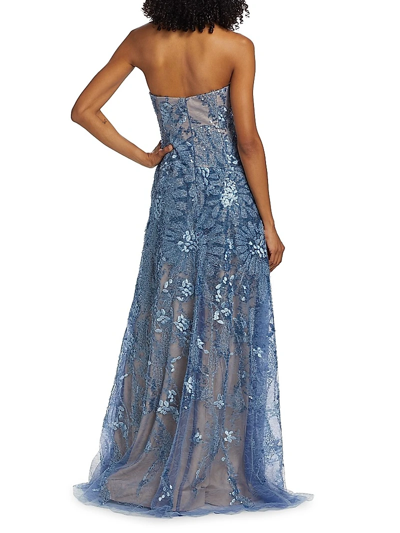 Floral Beaded Strapless A-Line Gown