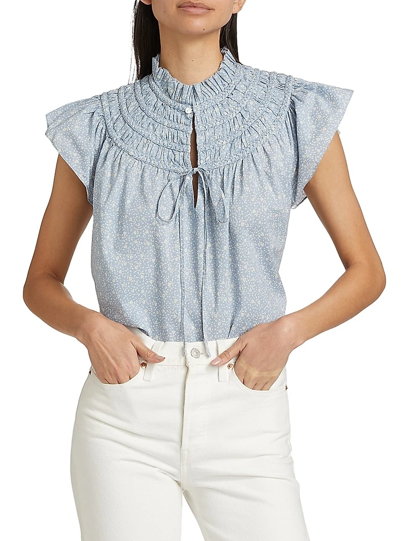 Floral Cotton Voile Short-Sleeve Blouse