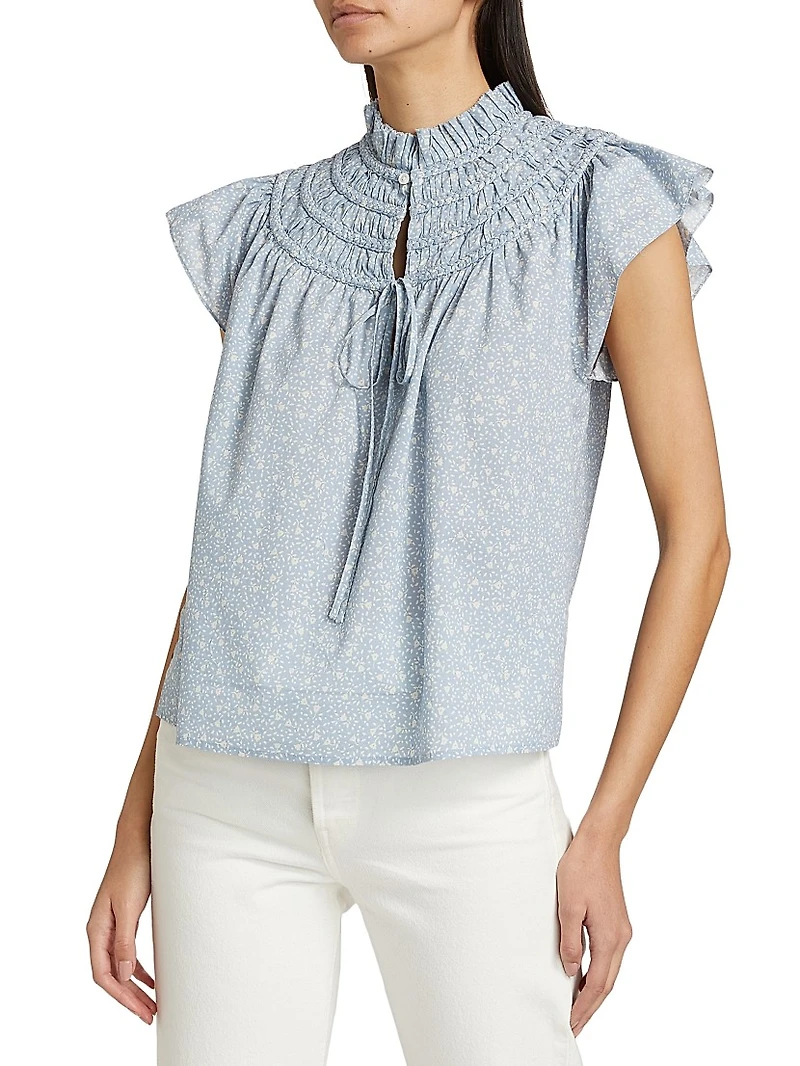 Floral Cotton Voile Short-Sleeve Blouse