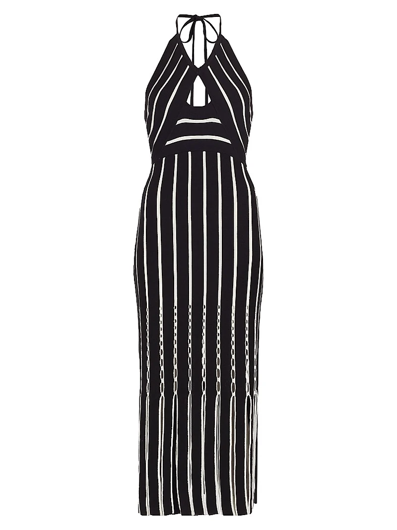 Frida Fringed Striped Cotton Halterneck Midi-Dress