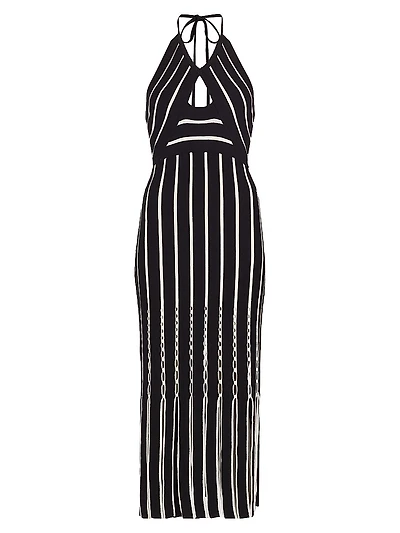 Frida Fringed Striped Cotton Halterneck Midi-Dress