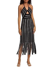 Frida Fringed Striped Cotton Halterneck Midi-Dress