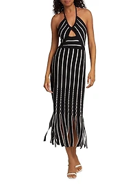 Frida Fringed Striped Cotton Halterneck Midi-Dress