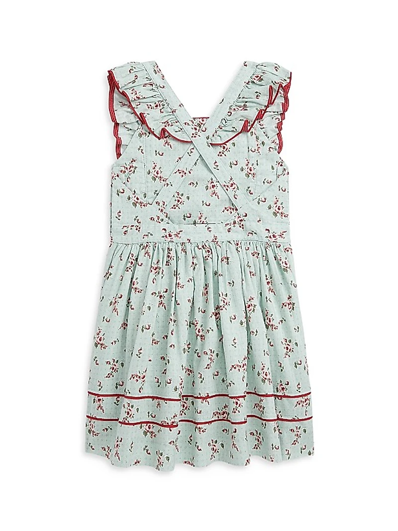 Little Girl's Floral Linen Ruffle-Trim Dress