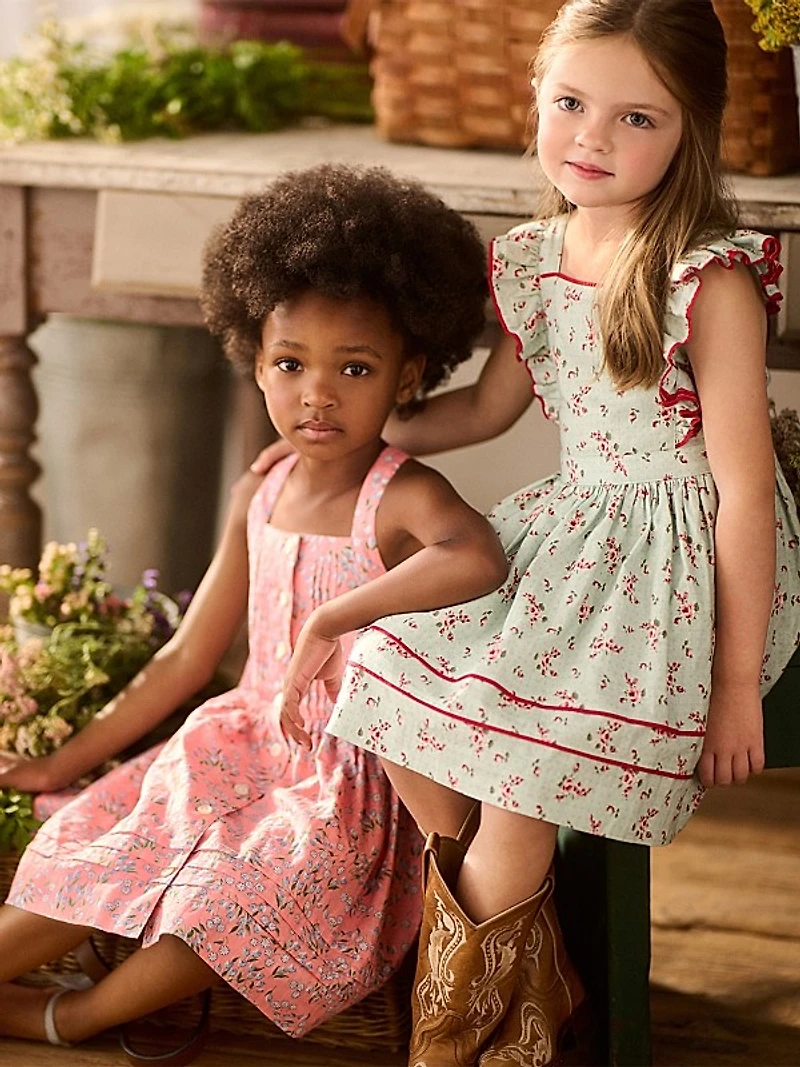 Little Girl's Floral Linen Ruffle-Trim Dress