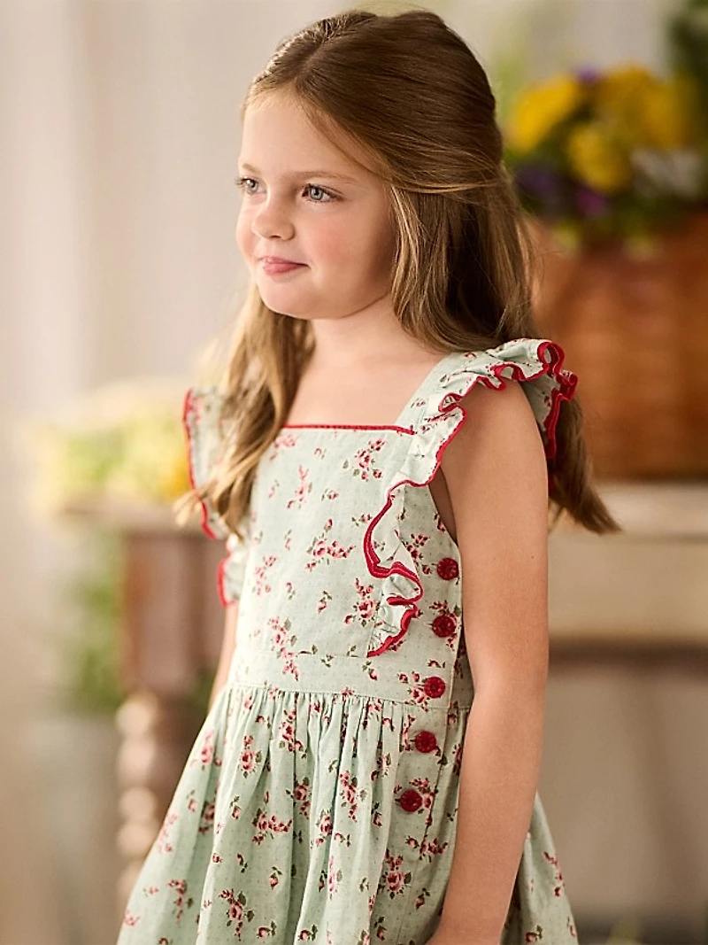 Little Girl's Floral Linen Ruffle-Trim Dress