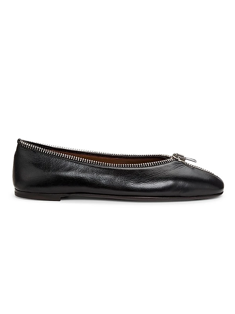 Amanda Zipper-Detailed Leather Ballet Flats