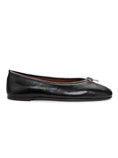 Amanda Zipper-Detailed Leather Ballet Flats