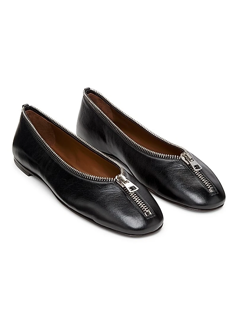 Amanda Zipper-Detailed Leather Ballet Flats