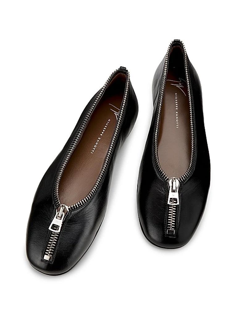 Amanda Zipper-Detailed Leather Ballet Flats