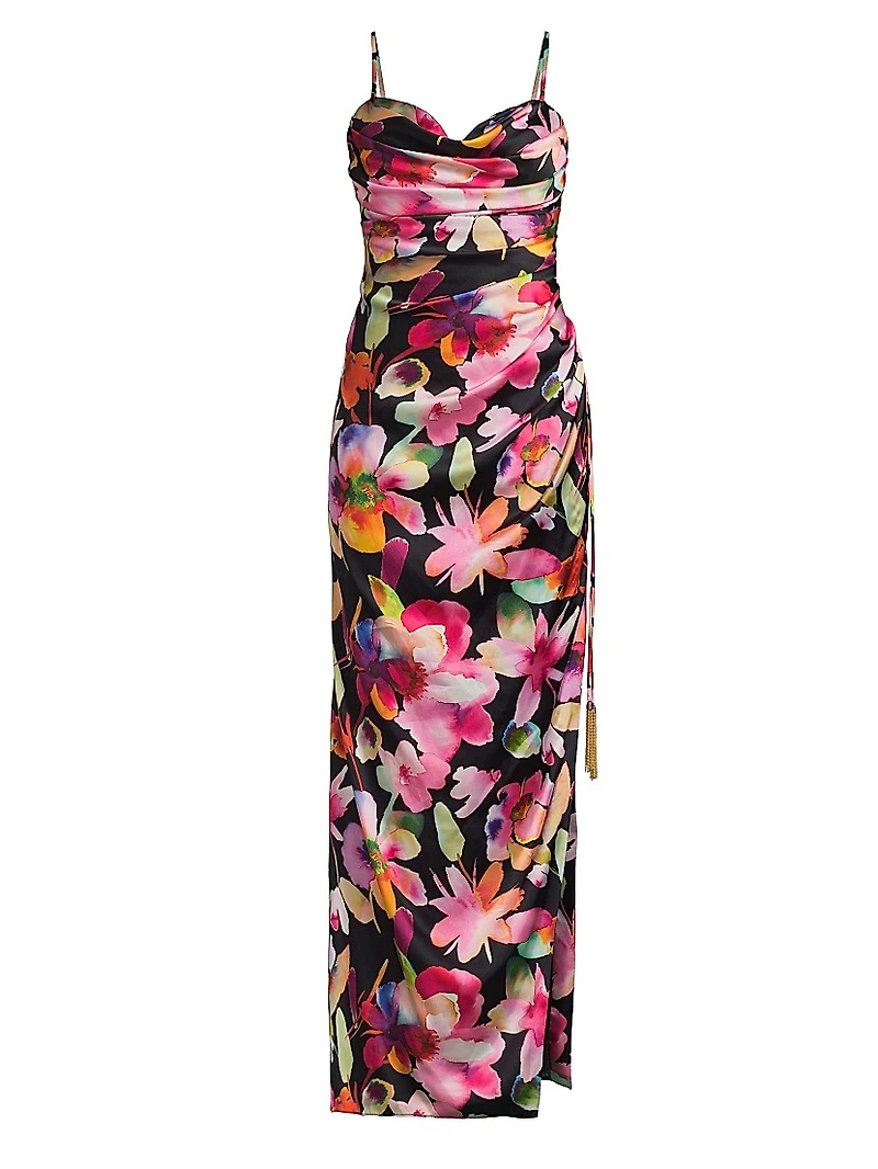 Floral Ruched Sateen Column Gown