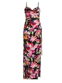 Floral Ruched Sateen Column Gown