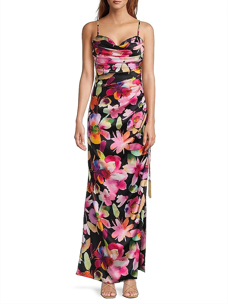 Floral Ruched Sateen Column Gown