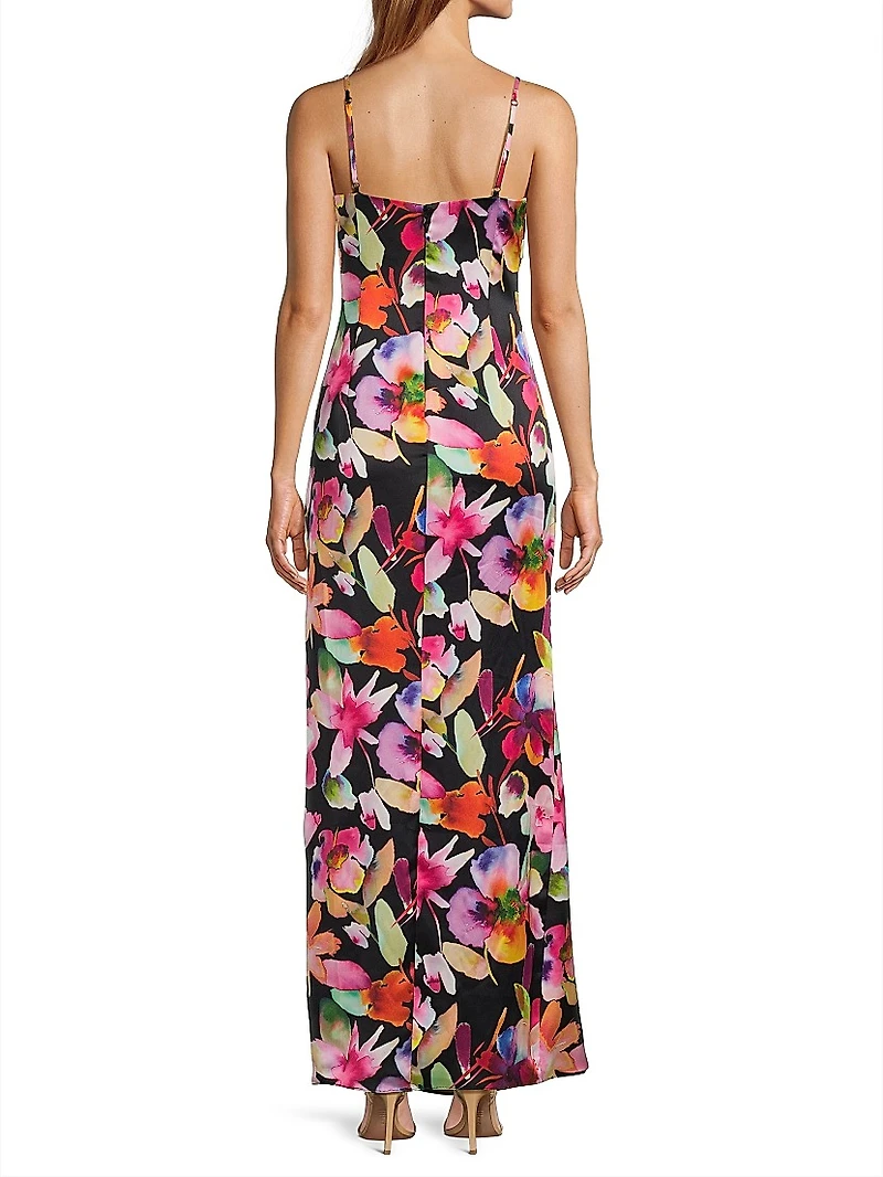 Floral Ruched Sateen Column Gown