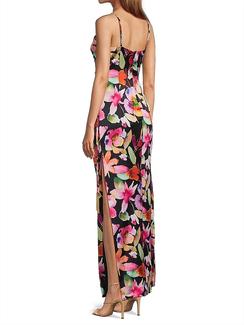 Floral Ruched Sateen Column Gown