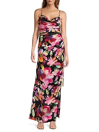 Floral Ruched Sateen Column Gown