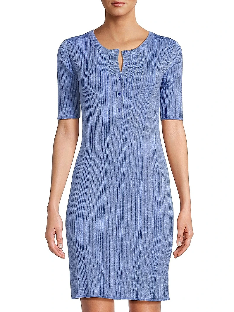 Stretch Metallic Rib-Knit Henley Minidress