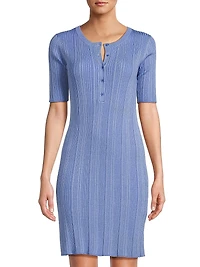 Stretch Metallic Rib-Knit Henley Minidress