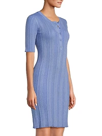 Stretch Metallic Rib-Knit Henley Minidress