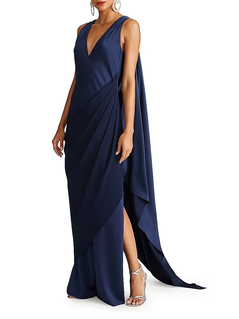 Cyra Draped Satin Cape Gown