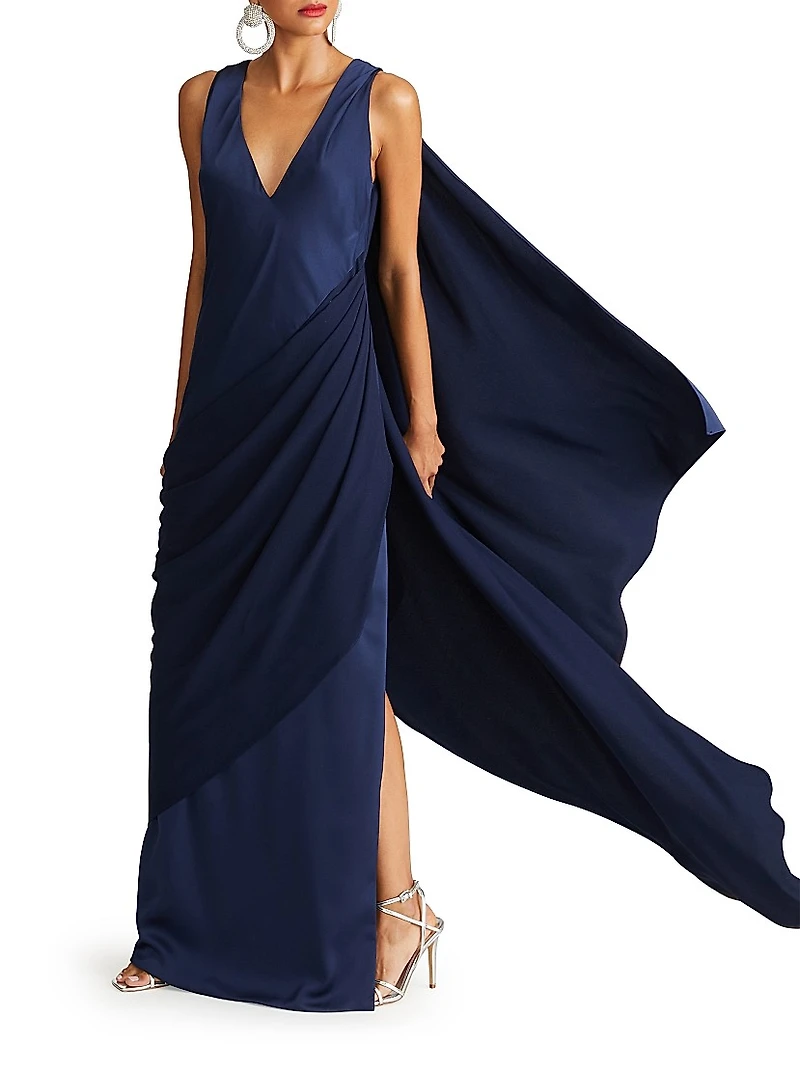 Cyra Draped Satin Cape Gown