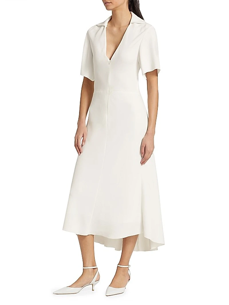 Crepe Zip-Front Polo Midi-Dress