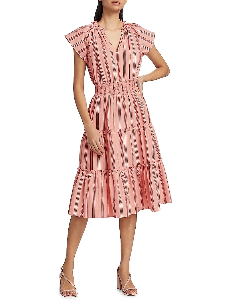 Amellia Striped Linen-Blend Midi-Dress